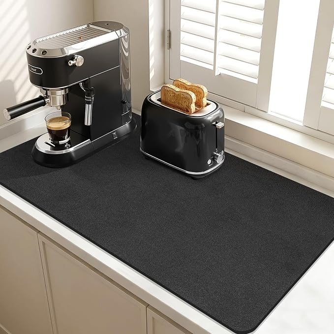 Findosom Dish Drying Mat, 17"x 32" Super Absorbent & Hide Stain Coffee Mat, Cuttable Drying Mat for Kitchen Counter, Coffee Bar Accessories, Under Dish Rack, Coffee Maker, Espresso Machine, Black-2