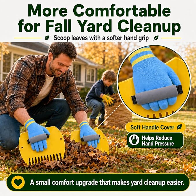 Leaf Scoops Hand Rakes, Leaf Claws & Leaf Grabbers for Yard Work with Adult & Kids Garden Gloves, Soft Handle Covers, Family Yard Cleanup Kit for Leaves and Grass Clippings