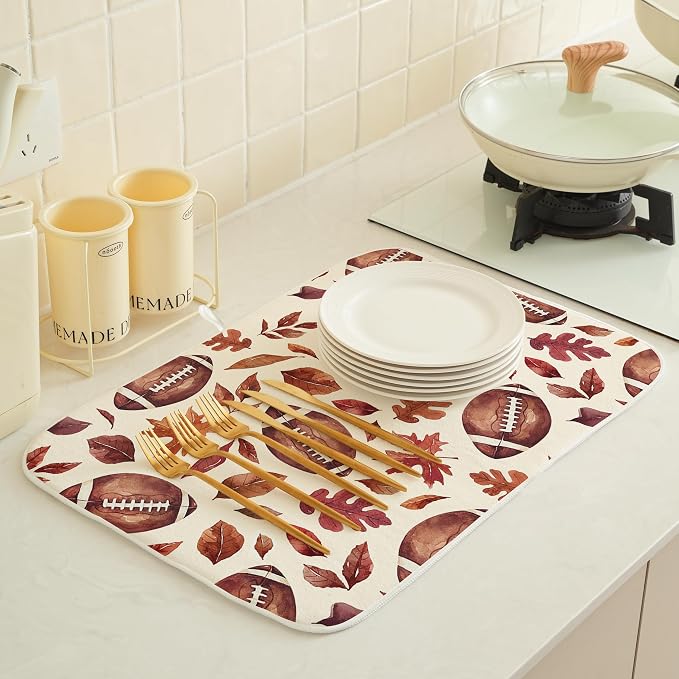 Fall Dish Drying Mats 18x24 Inches for Kitchen Counter Orange Football Maple leaves Fall Kitchen Decorations Drying Mats Autumn Thanksgiving Mat Drying Pad for Kitchen Dining Room Decor