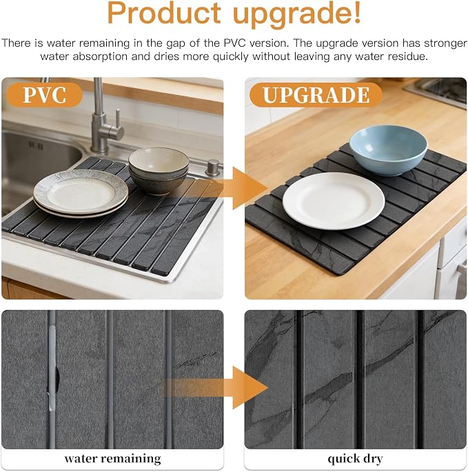 Stone Dish Drying Mat for Kitchen - Upgrade Counter Mats Quick Dry | Foldable Design, Super Absorbent, (24"×16"/ 8"x4" ) , for Dishes Cups , No Water Stains, Core Material Upgrade, Gray