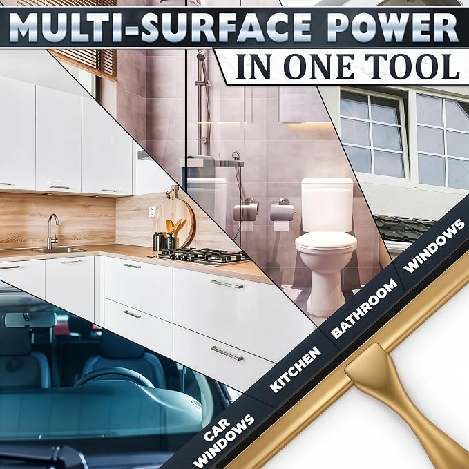 Gold Squeegee for Shower Glass, 14" Silicone Blade, Stainless Steel | Shower Door Squeegee with Hook, Adhesive Mount; All-Purpose Bathroom Tile, Mirror, & Window Wiper for Streak-Free Cleaning