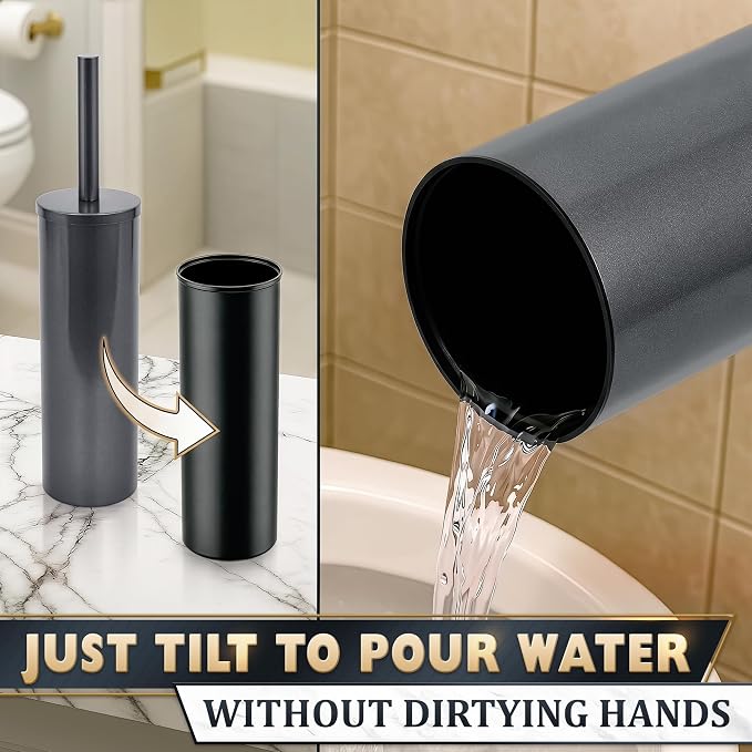 Graphite Metallic Stainless Steel Toilet Brush and Holder Set | Toilet Bowl Brush and Holder with Splash Cover, Sturdy Bristles, Corrosion & Scratch Resistant, Elegant Design