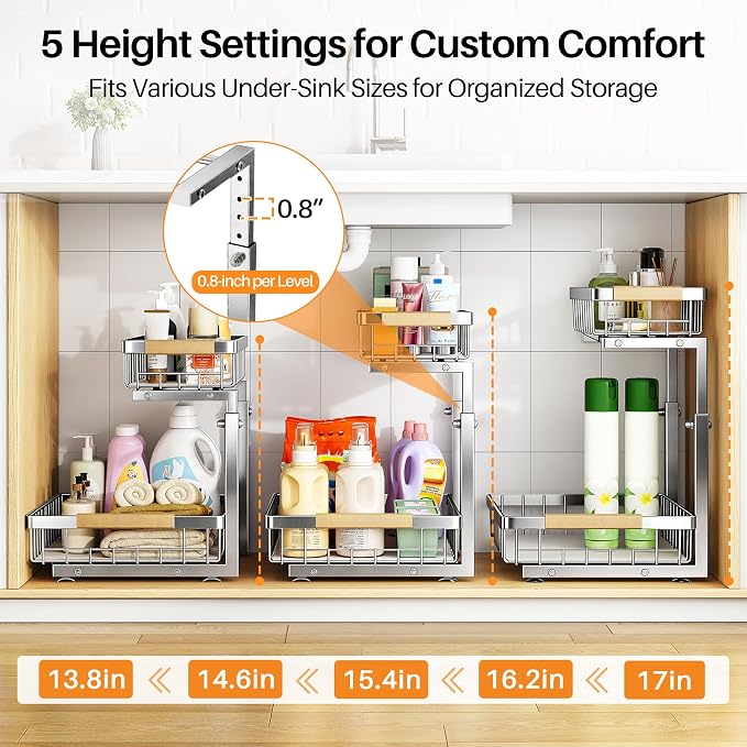 PXRACK Under Sink Organizer, Adjustable Height, 2 Tier Pull Out Cabinet Organizer, Slide Out Thickened Metal Storage for Kitchen Bathroom Laundry Pantry Cabinet, Stainless Steel, Silver, Large-1-Pack