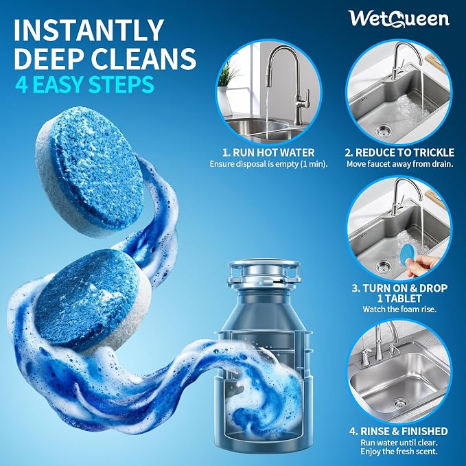 Wetqueen Garbage Disposal Cleaner and Deodorizer Tablets - 24 Pack, Fresh Ocean Scent, Powerful XL Foaming Drain Odor Eliminator, Sink & Garburator Freshener, Deep Cleaning, Septic Safe, 1 Year Supply