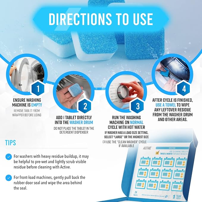 ACTIVE Washing Machine And Disposal Cleaning Tablets 48 Pack - Includes 12 Month Supply Garbage Disposer Freshener & Washing Machine Descaler Deep Cleaning Tablets - 48 Tablet Combo