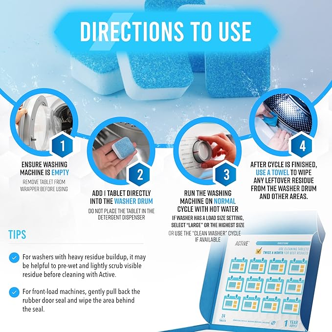 ACTIVE Washing Machine Cleaner and Mold Stain Remover - Includes 24ct Washer Cleaning Tablets and 7oz Mildew Stain Remover Gel