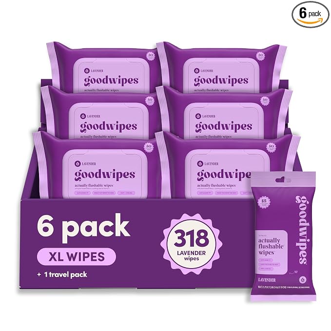 goodwipes Flushable Wipes for Adults - Lavender Butt Wipes for Women & Men, Septic Safe, Toilet & Bathroom Essentials, Extra Large, 318 Count (6 Packs and 1 Travel Pack)