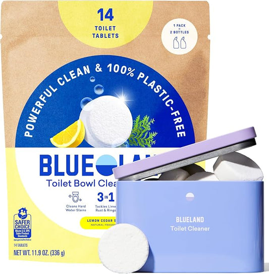 BLUELAND Toilet Bowl Cleaner Tablets, 14 Count (Pack of 1), Lemon Cedar, Plastic-Free, No Harsh Chemicals, Plant-Based, Septic-Safe, Removes Lime, Rust, Hard Water and Toilet Ring Stains