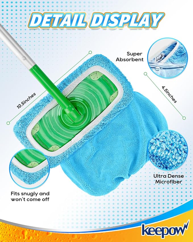 KEEPOW 6 Pack Reusable Mop Pads Compatible with Sweeper Mop, Blue | Premium Microfiber Replacement Pads for Wet & Dry Floor Cleaning, with Mesh Laundry Bag