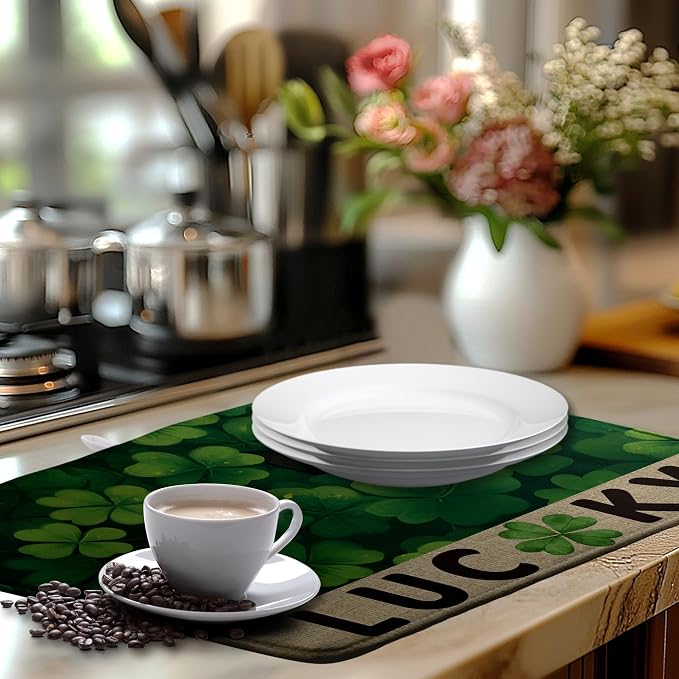 St Patricks Day Spring Shamrock Dish Drying Mats St Patrick's Day Dish Mat Cute Cat Drying Matt Dishes Dryer Pad for Kitchen Counter Absorbent Microfiber Washable Foldable Reusable 18x24 in