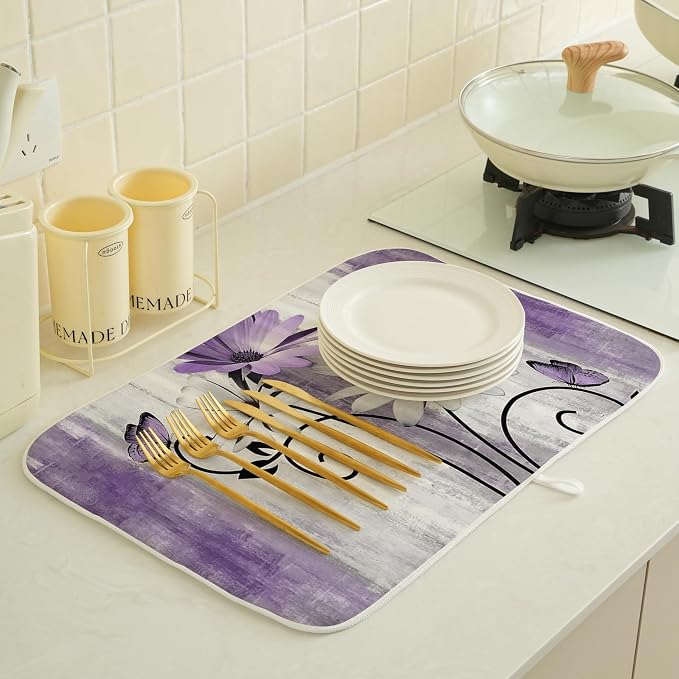 Floral Dish Drying Mat 18x24 Inches For Kitchen Counter Purple Daisy Flower Kitchen Decoration Drying Mat Modern Decorative Drying Pad For Home Kitchen Decor,Dining Room,Office Decor