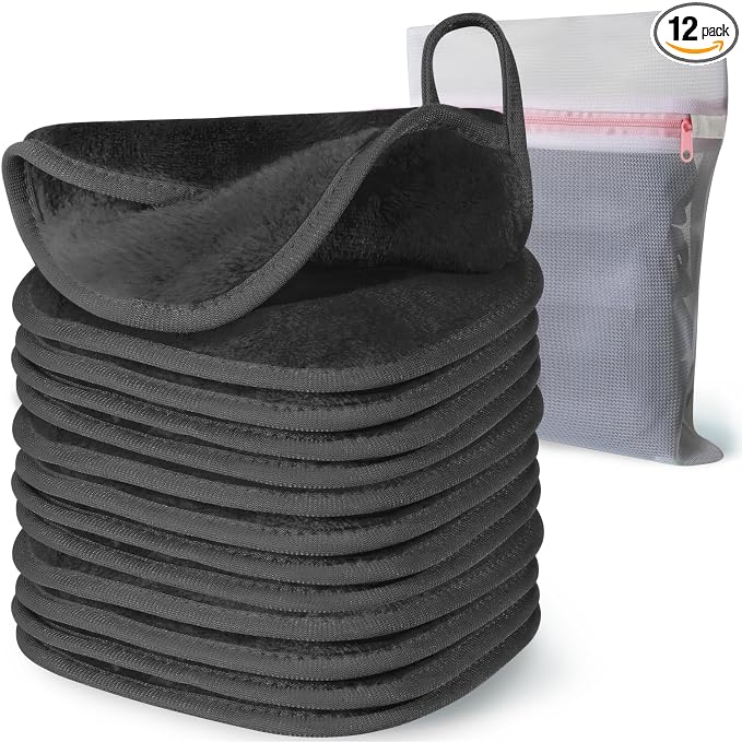 Makeup Remover Cloth, 6" x 6" Makeup Remover Towels Reusable Face Cloth for Washing Face, Makeup Remover Pads Microfiber Face Washcloth with Mesh Bag, 12 Pack, Grey