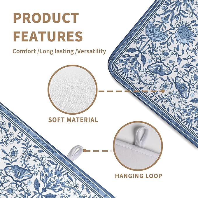 Blue Floral Dish Drying Mat for Kitchen Counter Boho Flowers Dishes Drainer Mats Rustic Farmhouse Microfiber Absorbent Dish Draining Spring Summer Reversible Dish Rack Pad Large 18x24 Inch