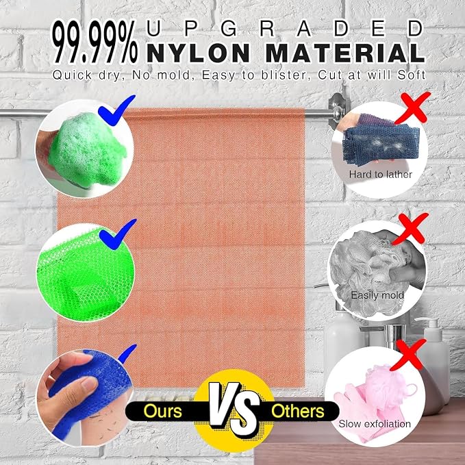 UJFQBH 3 Pieces African Bath Sponge African Net Long Net Bath Sponge Exfoliating Shower Body Scrubber Back Scrubber Skin Smoother,Great for Daily Use (Brown、Blue、Green)