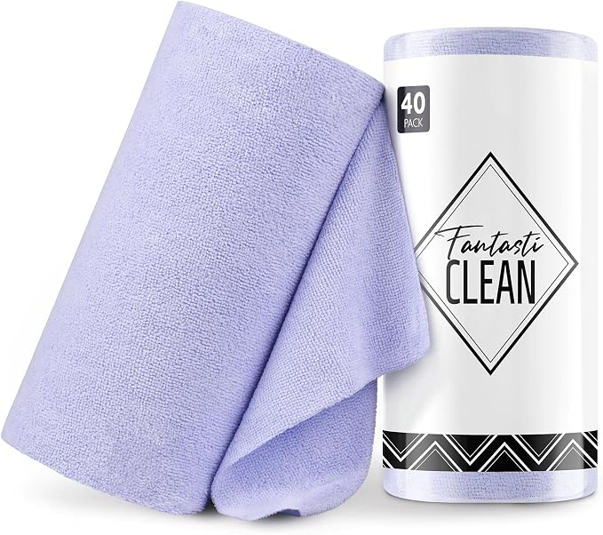 Fantasticlean Microfiber Cleaning Cloth Roll- 40 Sheets, 12"x12" (Lavender) | Super Absorbent, Lint-free, Tear-away Microfiber Towel Roll, for All-Purpose Cleaning, Reusable Alternative to Paper Towels