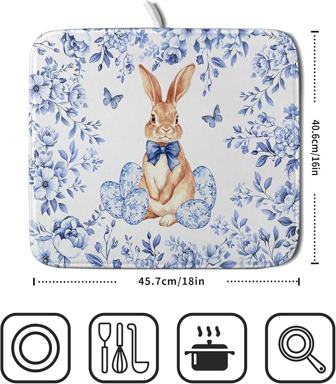 Vintage Microfiber Dish Drying Mat Blue Easter Floral Kitchen Drying Mats for Dishes 18 X 16
