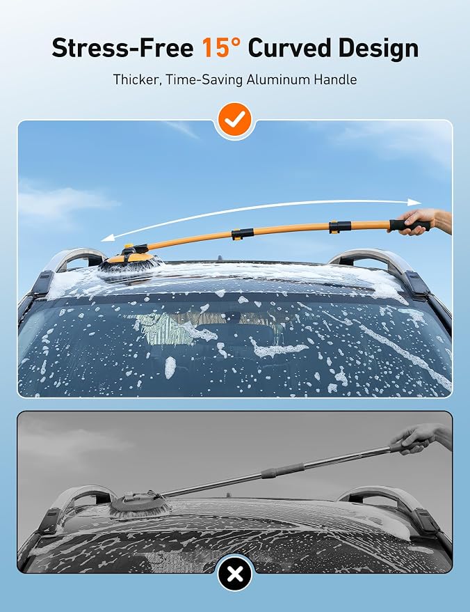AstroAI 15°Curved Car Wash Brush with 43" Long Handle and 90° Rotating Replaceable Brush Head, Car Wash Kit with Microfiber Towel and Tire Brush for Car, SUV, RV, Floor Cleaning, Yellow