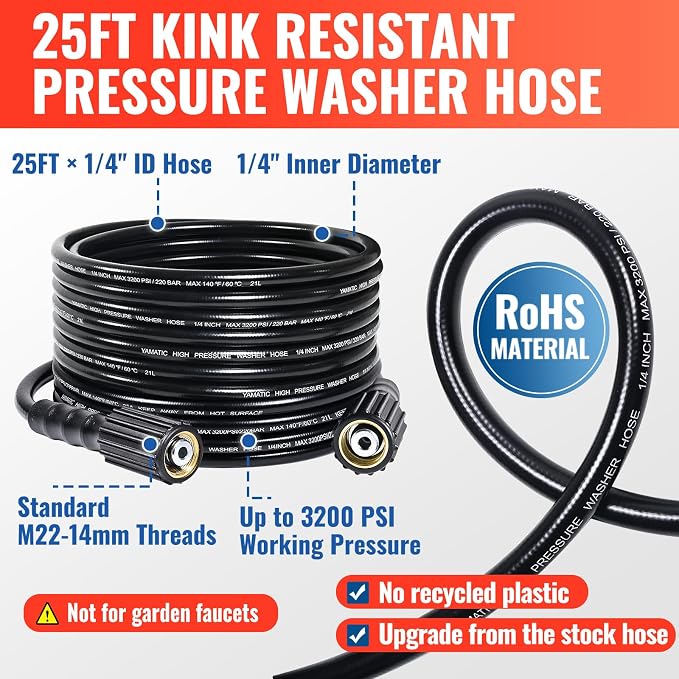 YAMATIC Pressure Washer Gun and Hose Kit, 25 FT Kink Resistant Power Washer Hose and Wand with Nozzle Holder, M22-14mm & M22-15mm Fitting Replacement for Ryobi, Simpson, Craftsman, 4000 PSI
