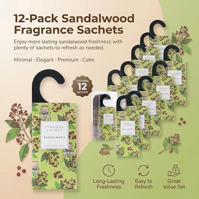 Large 12 Packs Sandalwood Hanging Scented Sachets Long-Lasting Closet Deodorizer Air Freshener Fabric Refresher Odor Eliminator for Drawer Home Fragrance Gift Set