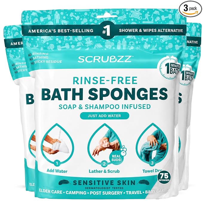 Scrubzz Disposable No Rinse Bathing Wipes for Sensitive Skin - All-in-1 Single Use Shower Wipes, Simply Dampen, Lather, and Dry Without Shampoo or Rinsing (Sensitive Skin, 3-Pack)