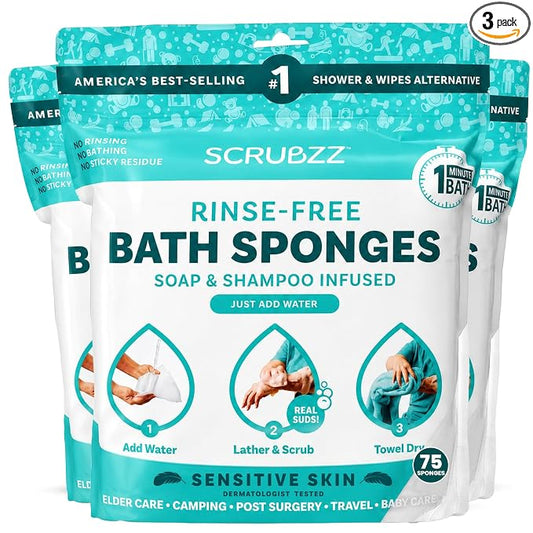 Scrubzz Disposable No Rinse Bathing Wipes for Sensitive Skin - All-in-1 Single Use Shower Wipes, Simply Dampen, Lather, and Dry Without Shampoo or Rinsing (Sensitive Skin, 3-Pack)
