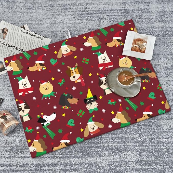 Red Christmas Puppy Dog Dish Drying Mat 18 x 24 Inch for Kitchen Counter Cute Kitchen Mat Microfiber Kitchen Countertop Absorbent Reversible Drainer Rack Pad Dish Drying Mat
