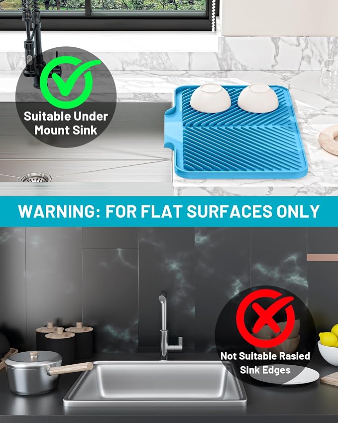 Dish Drying Mat Kitchen Counter - Silicone Dish Drying Pad with Built-in Drain for Sink, Refrigerator and Drawer liner, Easy Clean, Non-Slip, Heat Resistant, 14.8" x 10.7"
