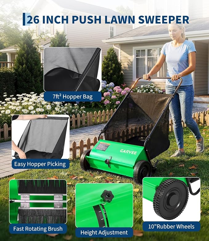 26 Inch Push Lawn Sweeper, Garden Lawn Sweeper Leaf and Grass Collector with 7 Cu.ft Mesh Bag, Adjustable Brush Height and 4 Spinning PP Brushes, Yard Sweeper for Leaves Grass Cleanup | with 7 Cu.ft Mesh Bag, Adjustable Brush Height and 4 Spinning PP B...