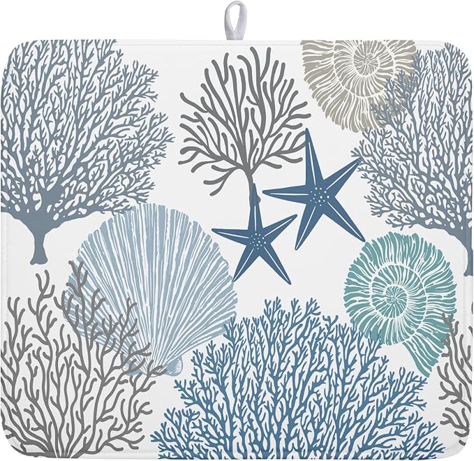 Summer Coastal Dish Drying Mats for Kitchen Counter 16x18 Inch Sea Shells Starfish Drying Mat High Absorbent Reversible Kitchen Mat Blue Coral Ocean Themed Dishes Pad for Countertop Tableware Decor