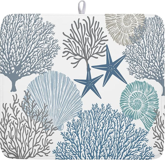 Summer Coastal Dish Drying Mats for Kitchen Counter 16x18 Inch Sea Shells Starfish Drying Mat High Absorbent Reversible Kitchen Mat Blue Coral Ocean Themed Dishes Pad for Countertop Tableware Decor