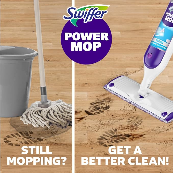 Swiffer PowerMop Mopping Kit for Floor Cleaning, Set Includes 1 Power Mop, 2 Replacement Pads, 1 Liquid Solution Refill, 2 Batteries, No Bucket Needed Electric Spray Cleaner, Multi-Surface and Wood