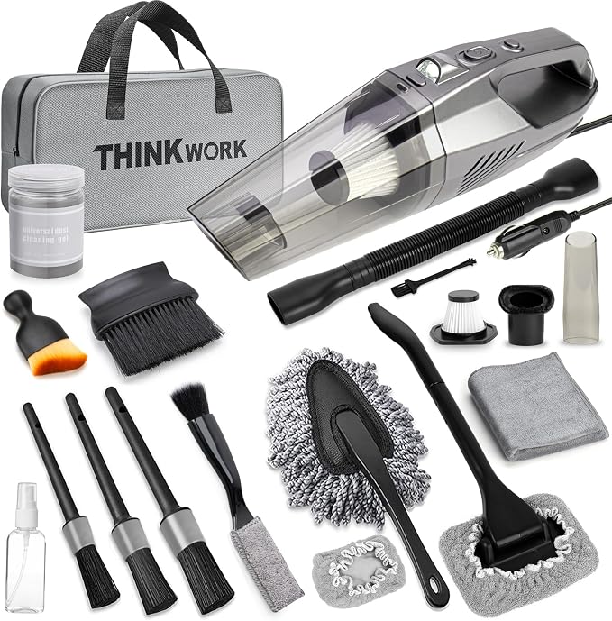 THINKWORK Car Cleaning Kit, High Power Vacuum with Detailing Brush Set | 8000PA Suction, Cleans Tight Gaps, Pet Hair & Crumb Removal, Corded Handheld, Washable Filter, Car & Home, Gift