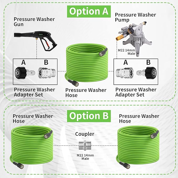 PWACCS Pressure Washer Hose 50 FT, 1/4" ID Steel Braided Power Washer Hose | M22-14mm Fittings, 4000 PSI High Pressure Wash Replacement Hose, Universal Adapter Kit, Green