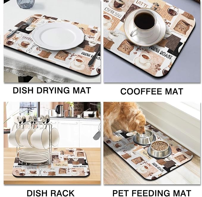Coffee Mat 19inx12in, Absorbent Hide Stain Anti-Slip Coffee Bar Accessories, Dish Drying Mat for Kitchen