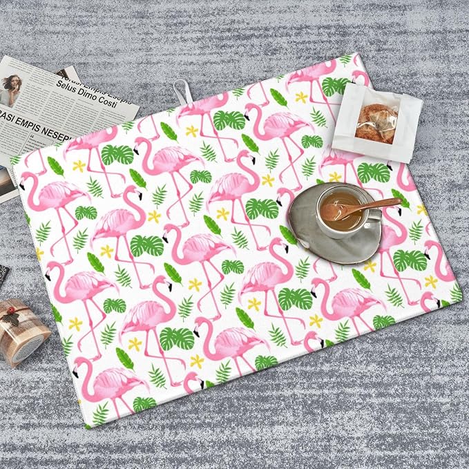 Pink Flamingo Leaf Dish Drying Mat For Kitchen Counter, Super Absorbent Microfiber Dish Drying Pad, Kitchen Gadgets For Easy Clean Multi-Use Large 18"x24"