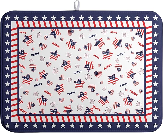 4th of July Dish Drying Mats for Kitchen Counter Patriotic Independence Day Kitchen Dishes Dryer Pad Stars Absorbent Dish Mat Microfiber Washable Foldable Reusable Large 18x24 in