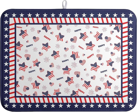 4th of July Dish Drying Mats for Kitchen Counter Patriotic Independence Day Kitchen Dishes Dryer Pad Stars Absorbent Dish Mat Microfiber Washable Foldable Reusable Large 18x24 in
