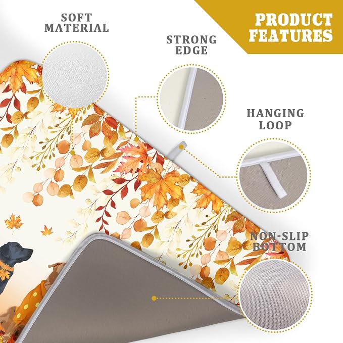 Giwawa Fall Dogs Dish Drying Mat Autumn Leaves Reusable Dishes Pad 18"x24" Holiday Microfiber Quick Dry Dish Drainer Rack Mat for Kitchen Counter