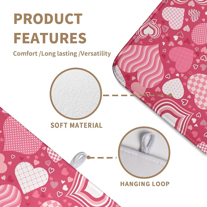 Red Heart Valentine Dish Dry Mat - 18x24 Inch Absorbent Reversible Dish Pad for Kitchen Counter