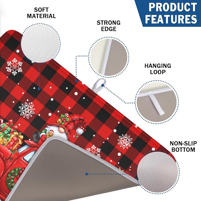 Christmas Dish Drying Mat for Kitchen Counter Xmas Gnome Truck Red Black Buffalo Plaid Dish Drainer Mat Rustic Farmhouse Holiday Absorbent Washable Drying Pad 18"x24"