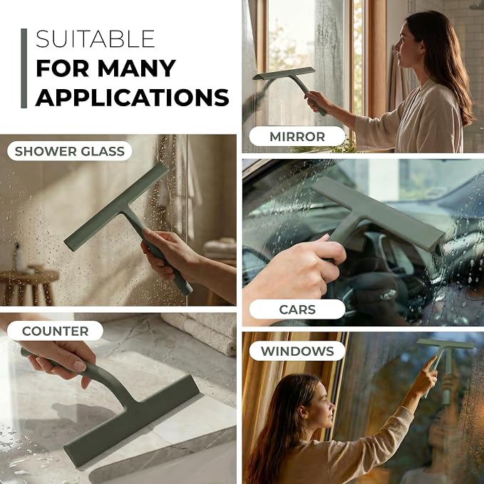 GÜTEWERK Silicone Shower Squeegee for Glass Doors & Mirrors with Stainless Steel Core, Streak-Free & No-Squeak Window Cleaning, 3-in-1 No-Drill Mount (Hook/Suction/Adhesive),Green, 9 Inches