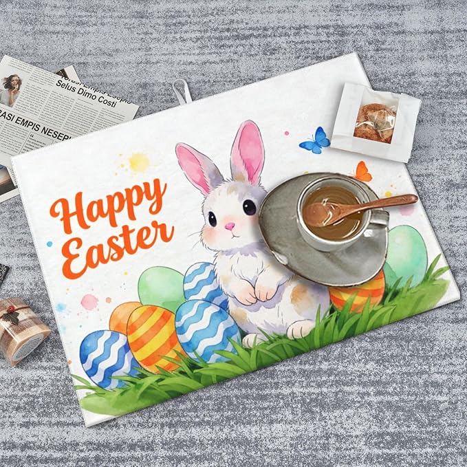 Easter Bunny Dish Drying Mat, for Kitchen Counter Microfiber Absorbent Easter Eggs Dish Draining Reusable Washable Extra Large 18"x24"