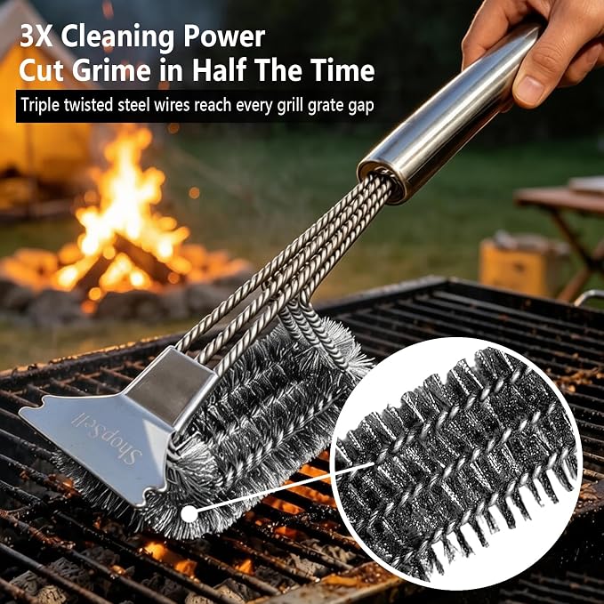 Grill Cleaning Brush with Scraper, Stainless Steel BBQ Grate Tool | 3-in-1 grill cleaner with scraper and bottle opener, anti-rust steel bristles works for gas, charcoal, porcelain grills