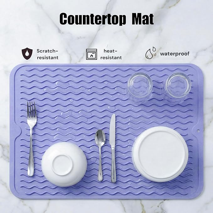 MicoYang Silicone Dish Drying Mat — Quick-Dry Ridges Counter & Sink Pad, Heat-Resistant Trivet to 450°F, Non-Slip & Dishwasher Safe, Roll-Up Storage, 18 Colors & 9 Sizes (Light Purple, 16"×12")