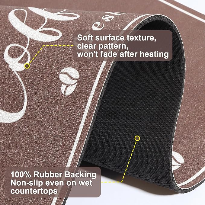 CooRug Absorbent Coffee Mat, Fashion Dish Drying Mat for Kitchen Counter Coffee Bar Accessories Espresso Machine Dish Rack 12" x 20" Brown