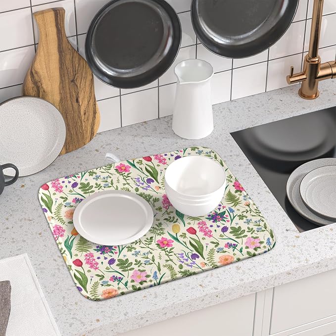 Spring Floral Dish Drying Mat for Kitchen Counter 16x18 Pink Sage Green Flower Vintage Botanical Print Absorbent Reversible Microfiber Drying Mats Kitchen Countertop Protector Dishes Drainer Rack Pad