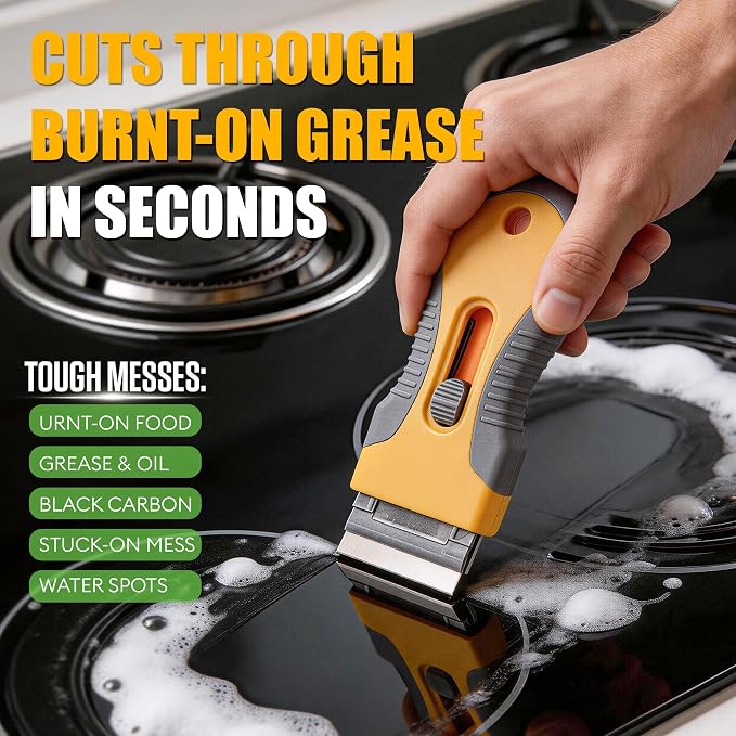 Glass Cooktop Cleaner & Polish Kit – Heavy Duty Stove Top Cleaner with Scraper & Scrubbing Pad, Removes Burnt-On Food, Grease & Tough Stains, Safe for Induction, Electric & Ceramic Cooktops – 8.8 oz