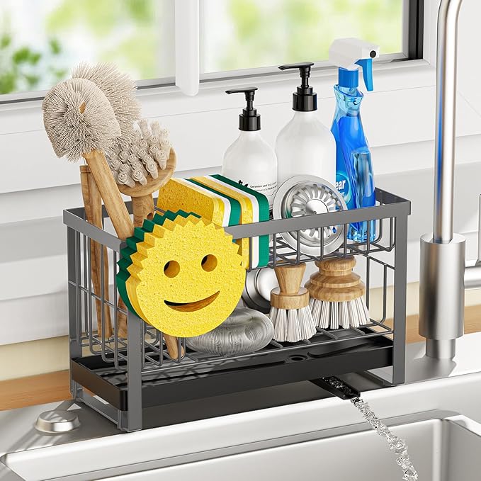 Sponge Holder for Kitchen Sink with Flexible Smiley Face, 2 Tier Kitchen Sink Organizer, Countertop and Storage Essentials, Soap Dispenser Organizer, Home Decor Accessories - Gray