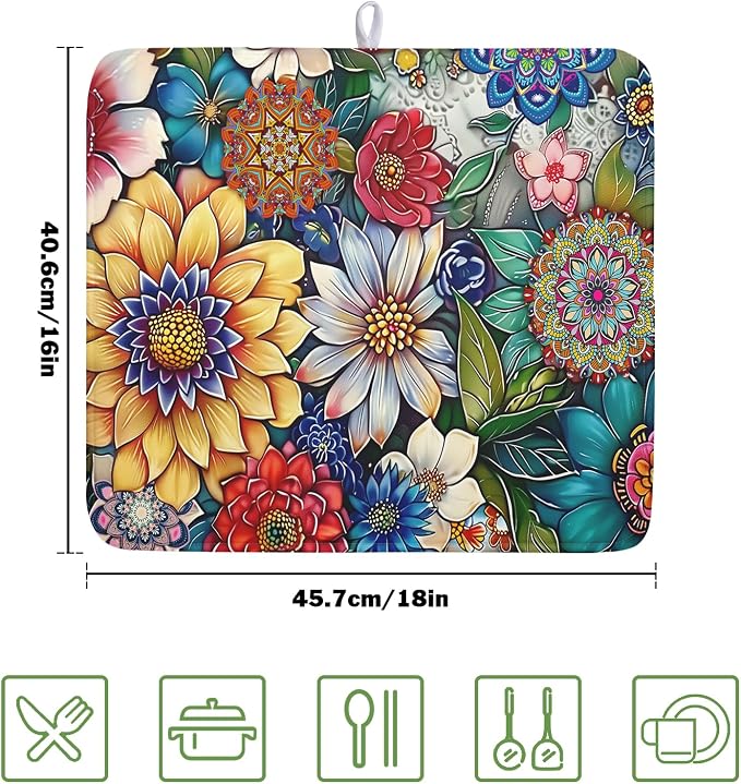 Boho Floral Dish Drying Mat for Kitchen Counter 16x18 Inch Boho Blooming Flower Dishes Pad Super Absorbent Drying Mat Heat Resistant Dish Drying Pad Anti-Slip Dish Mat Fast Dry Kitchen Bar Accessories