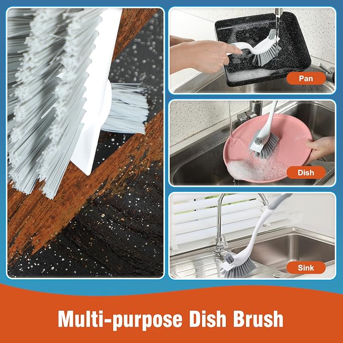 4 Pack Heavy-Duty Dish Scrub Brushes with Long Handle | Stiff Non-Scratch Bristles, Multi-Purpose Kitchen Cleaning Brushes for Pots, Pans, Bottles, Deep Cleaning